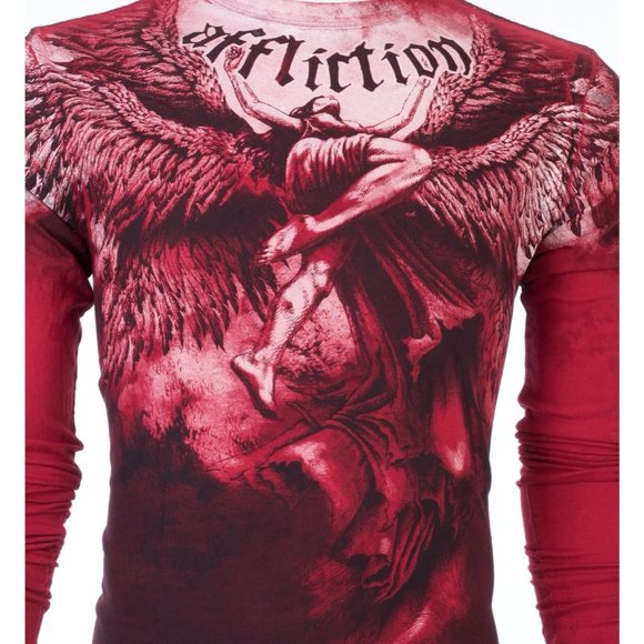 AFFLICTION Men's T-Shirt Long Sleeve UPWARD Wings Tattoo Biker Red - Picture 5 of 7